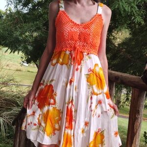 Orange Floral Crochet Sun Dress With Beautiful Orchid Pattern